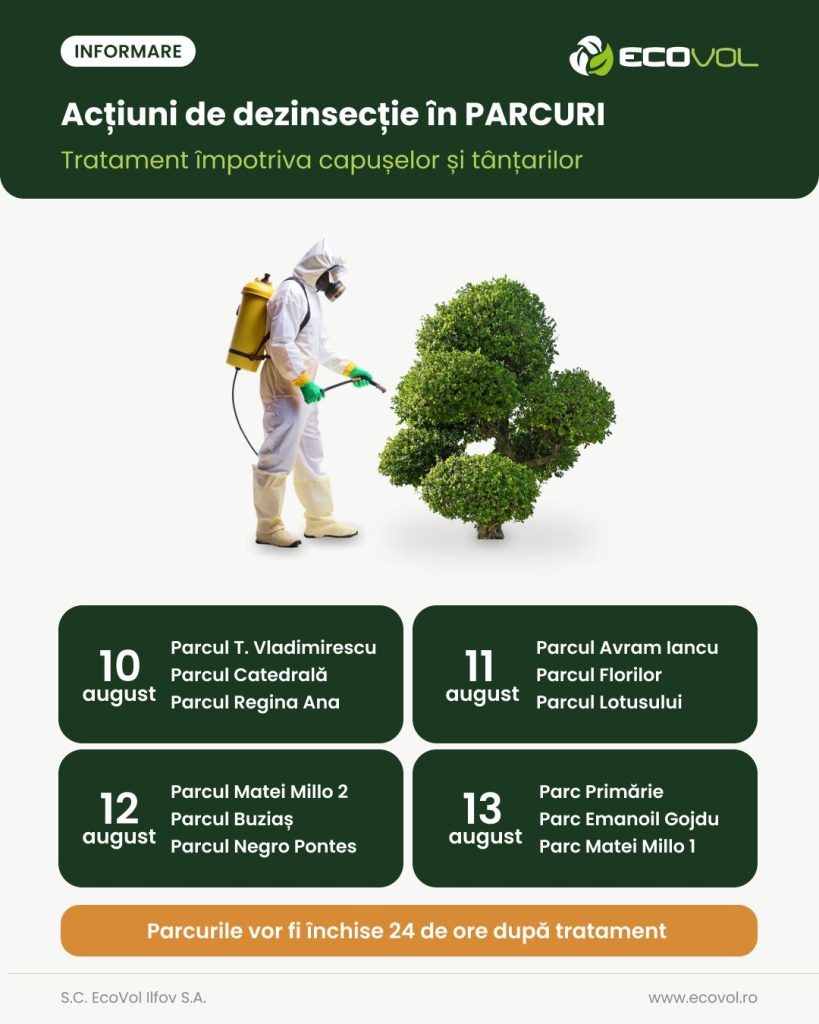&Icirc;n perioada 10&ndash;13 august, &icirc;n parcurile din orașul Voluntari se desfășoară acțiuni de dezinsecție &icirc;mpotriva căpușelor și ț&acirc;nțarilor
