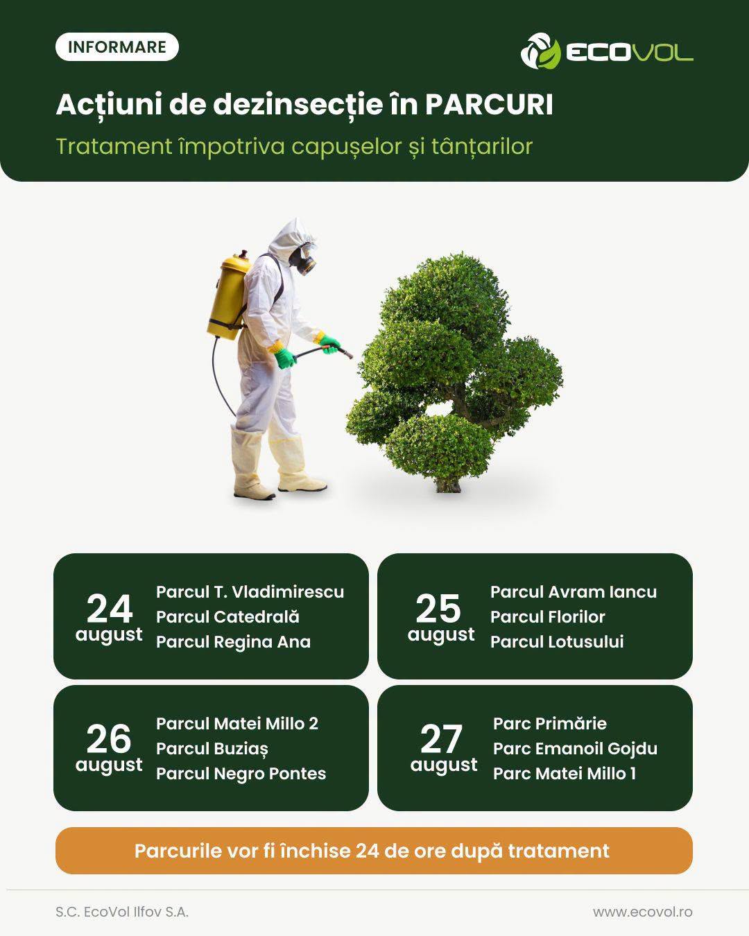 În perioada 24–27 august 2026, vor fi efectuate lucrări de dezinsecție parcurile din orașul Voluntari.