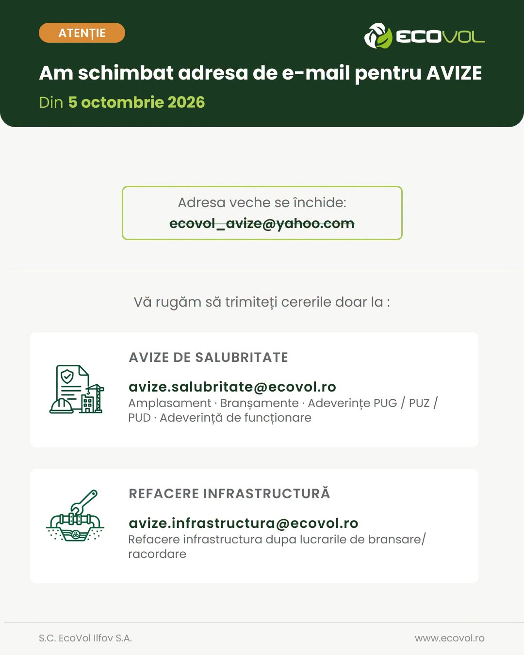 Din 5 octombrie 2026, adresa ecovol_avize@yahoo.com se &icirc;nchide.